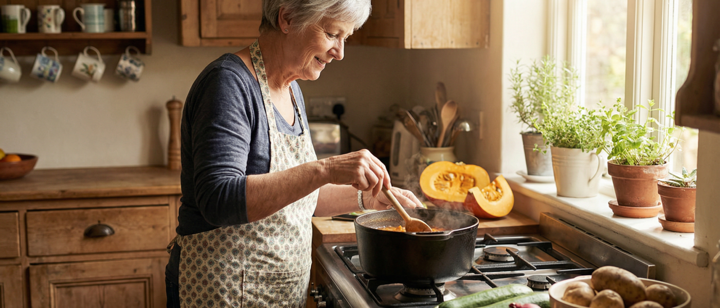 Older woman cooking a budget-friendly meal with fresh vegetables on the stove