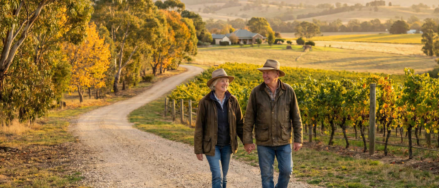 Older Australian couple walking hand in hand through a vineyard in autumn