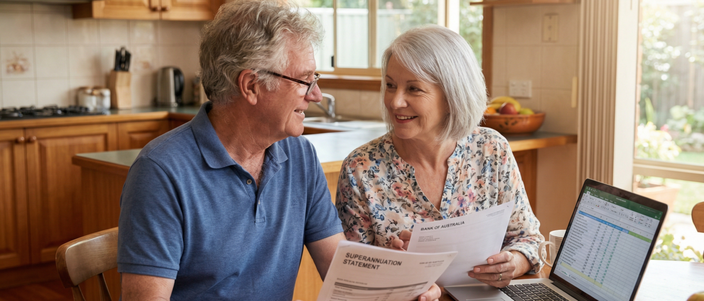 Older Australian couple reviewing their superannuation statement at the kitchen table