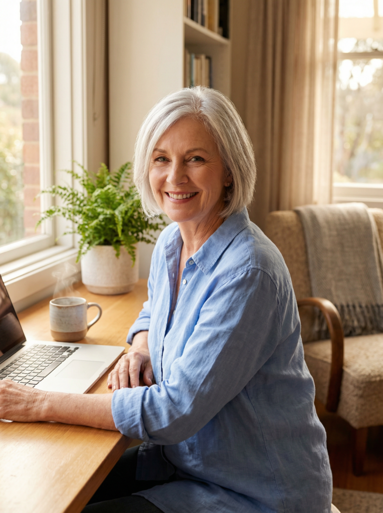 Friendly older Australian woman with silver hair smiling at her laptop at a bright home desk with a cup of tea