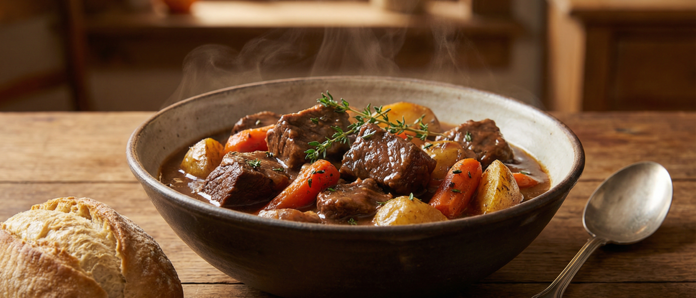 Slow cooker beef stew with tender beef chunks, carrots and potatoes in a rustic ceramic bowl