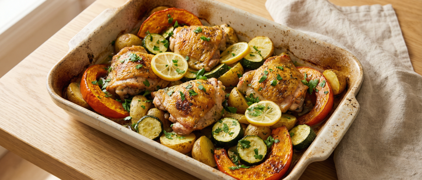 One-tray lemon herb chicken thighs with roasted pumpkin, zucchini and potatoes