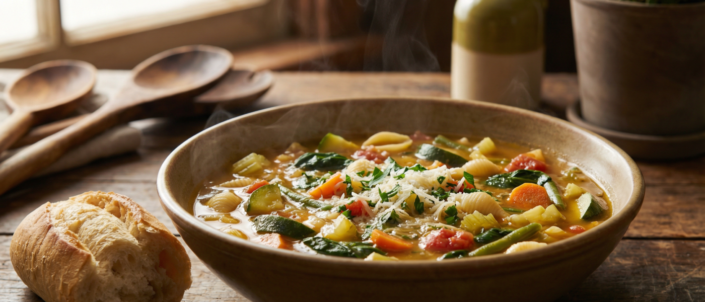 Italian minestrone soup with zucchini, carrots, green beans, pasta and parmesan in a rustic bowl