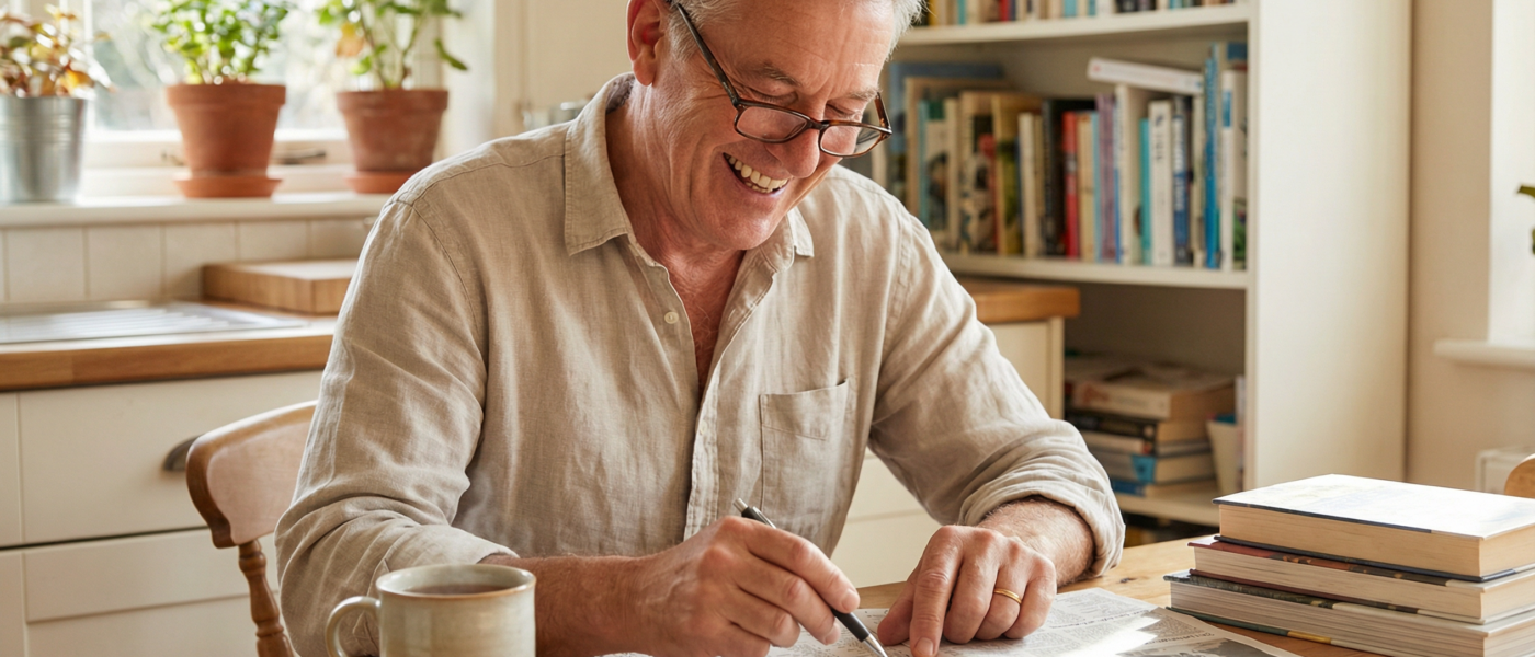 Older Australian man smiling as he works on a crossword puzzle at a sunny kitchen table with a cup of tea