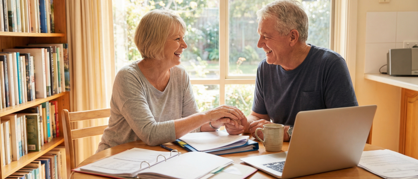 Retired Australian couple smiling together at a round kitchen table with documents and a laptop