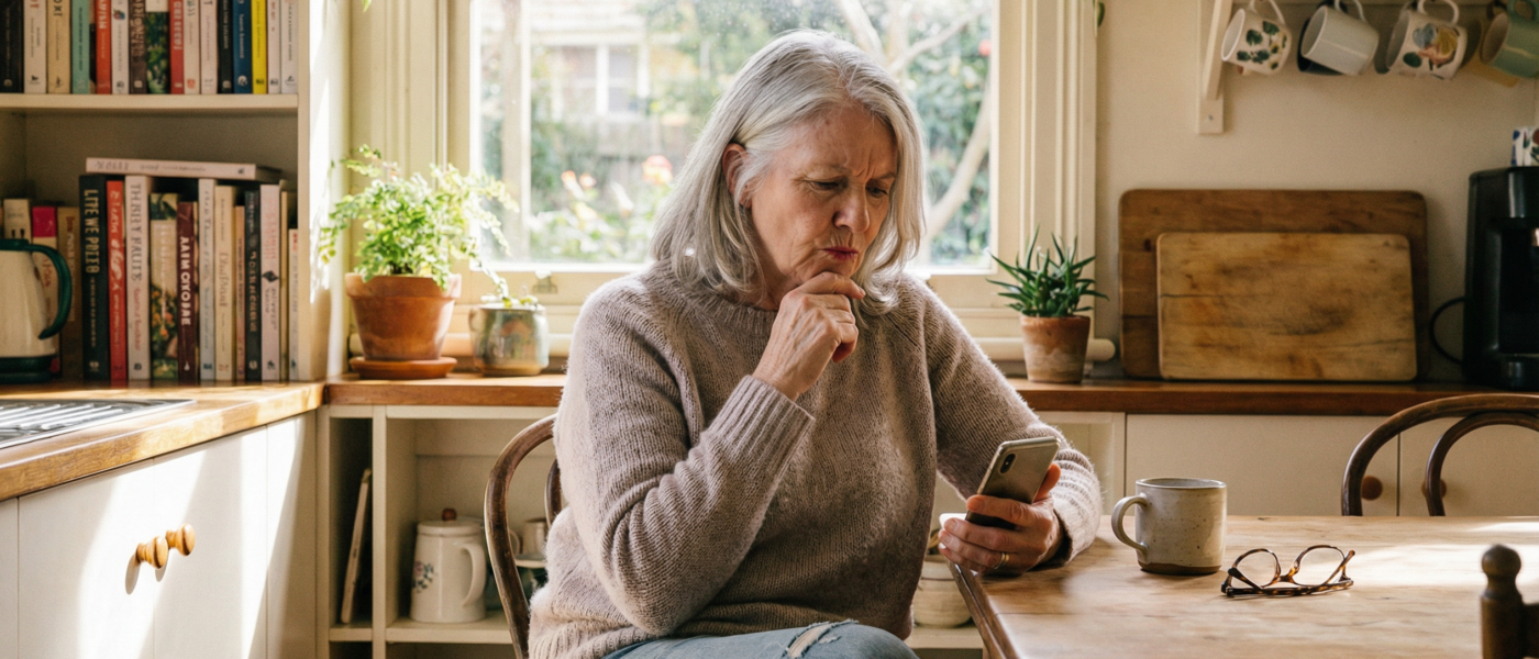 Older Australian woman looking cautiously at her mobile phone while sitting at a kitchen table