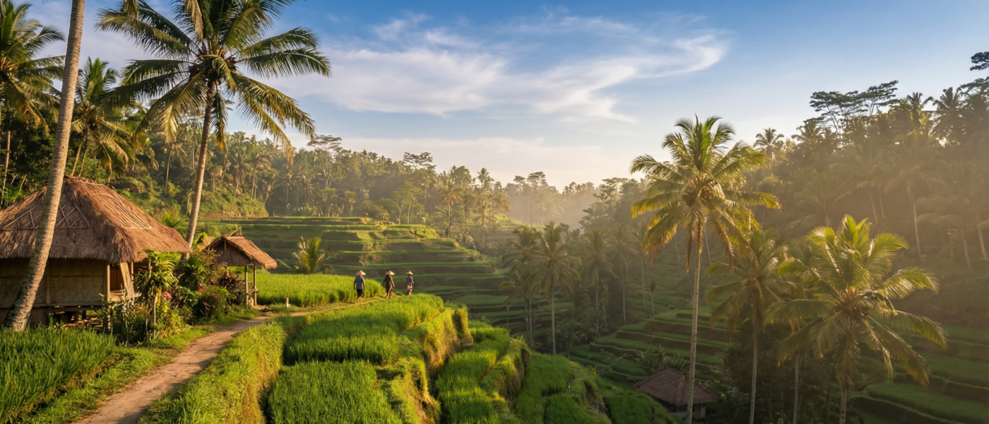 Lush green Tegalalang rice terraces in Ubud Bali with palm trees and traditional huts in warm afternoon light
