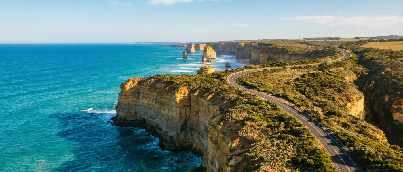 Aerial view of the Great Ocean Road winding along dramatic limestone cliffs above turquoise Southern Ocean