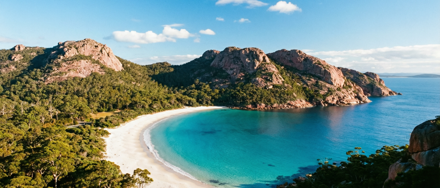 Aerial view of Wineglass Bay in Freycinet National Park Tasmania with white sand beach and turquoise water