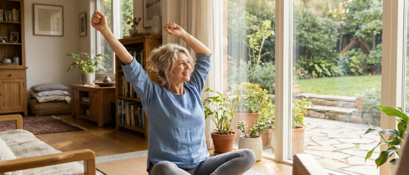 Woman in her late 60s doing gentle yoga stretches on a mat in a bright living room overlooking a garden