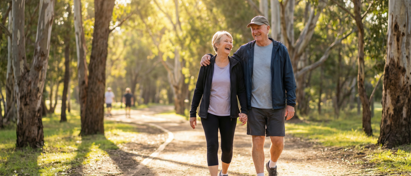 Retired Australian couple walking together along a sunlit park path through eucalyptus trees