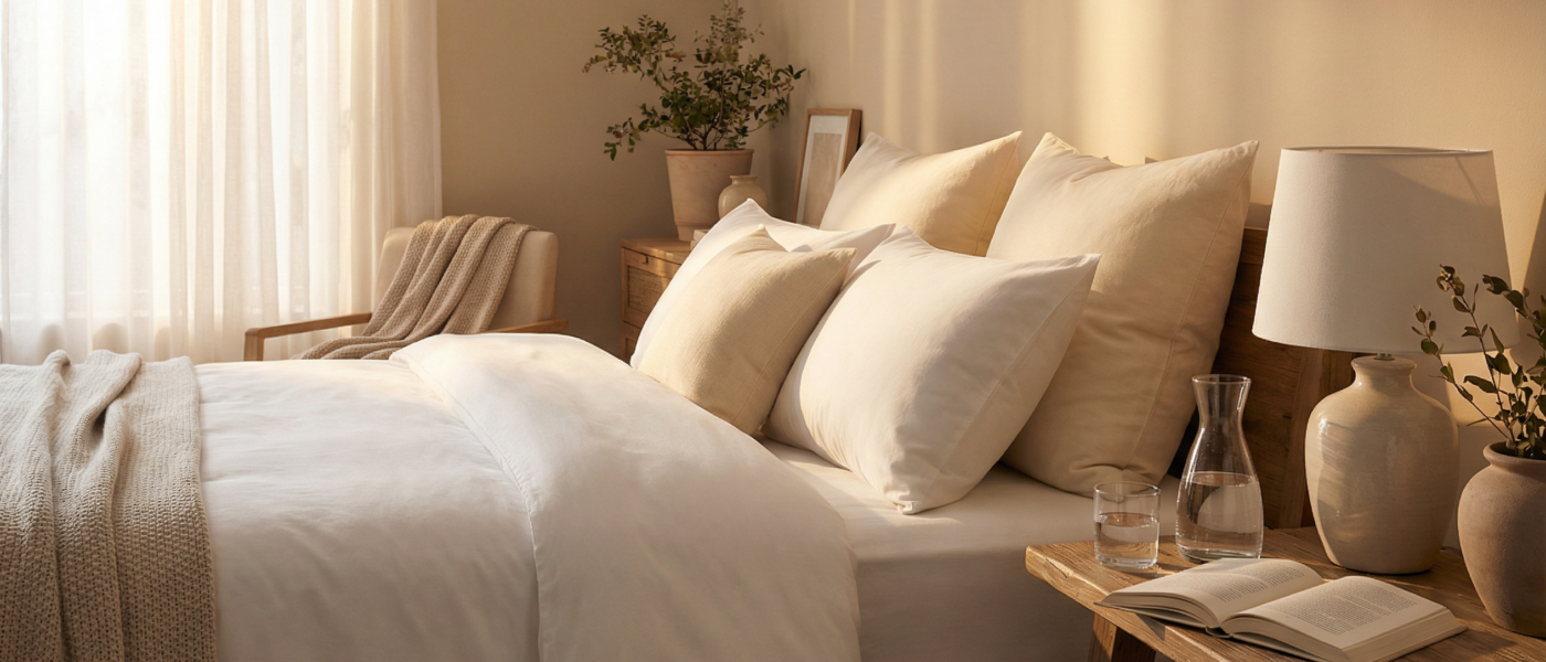Serene bedroom with white linen pillows, soft morning light through sheer curtains and a book on the bedside table
